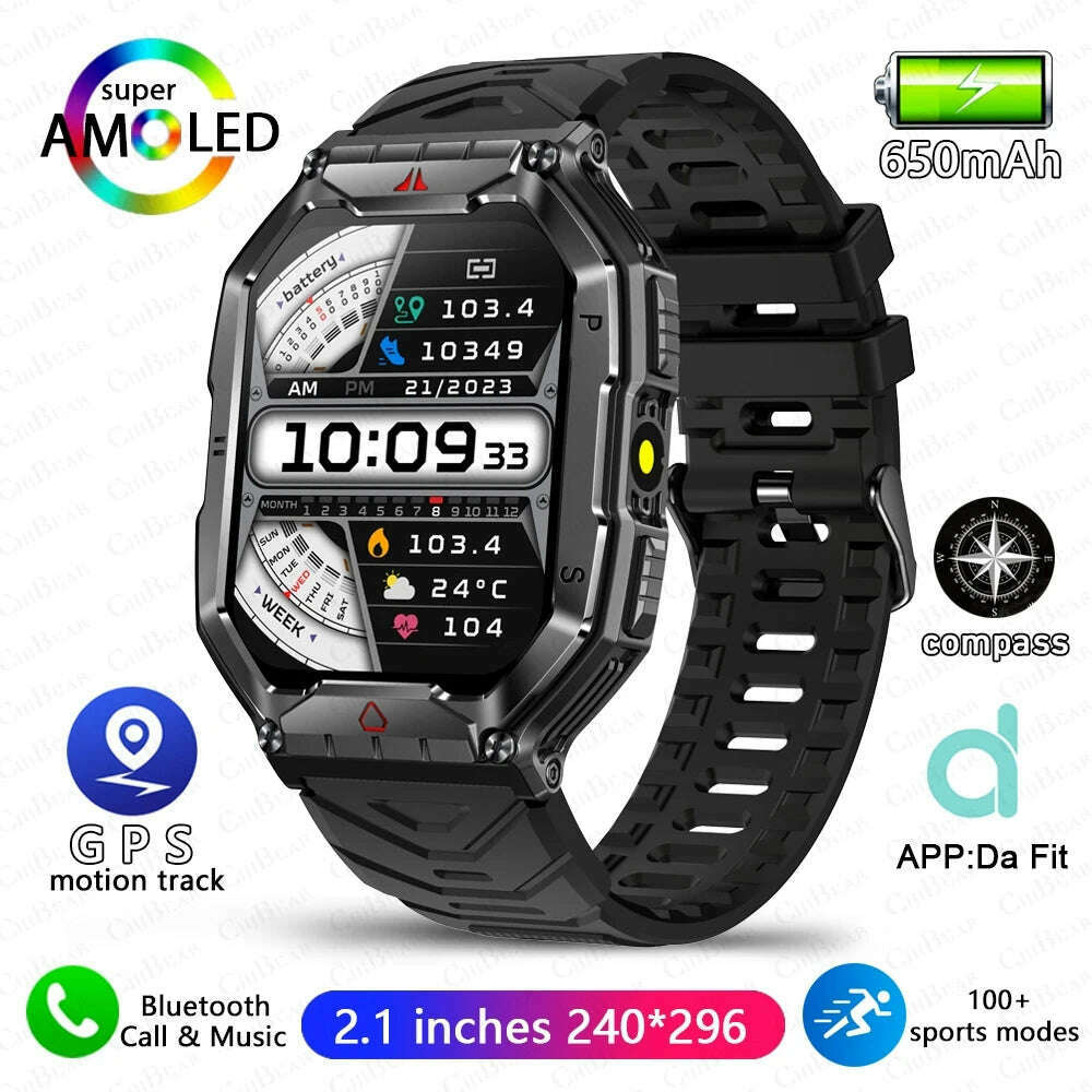 KIMLUD, Outdoor Sports Compass Smart Watch GPS Tracking 650Mah Battery 1ATM Waterproof Voice Assistant Bluetooth Call Smartwatch for Men, Black, KIMLUD APPAREL - Womens Clothes