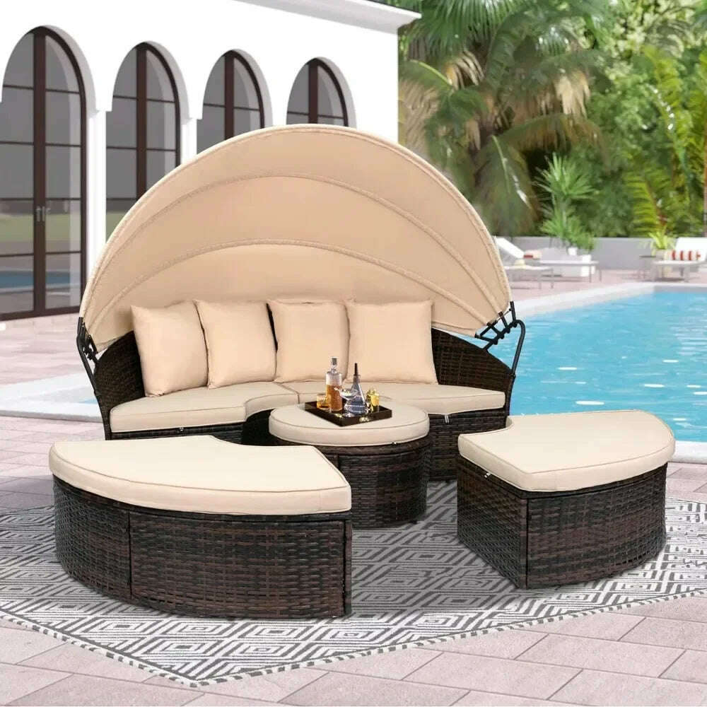 Outdoor Terrace Canopy Bed with Washable Soft Cushion, Clamshell Shaped Segmented Seats, Suitable for Backyard, Porch, (brown) - KIMLUD