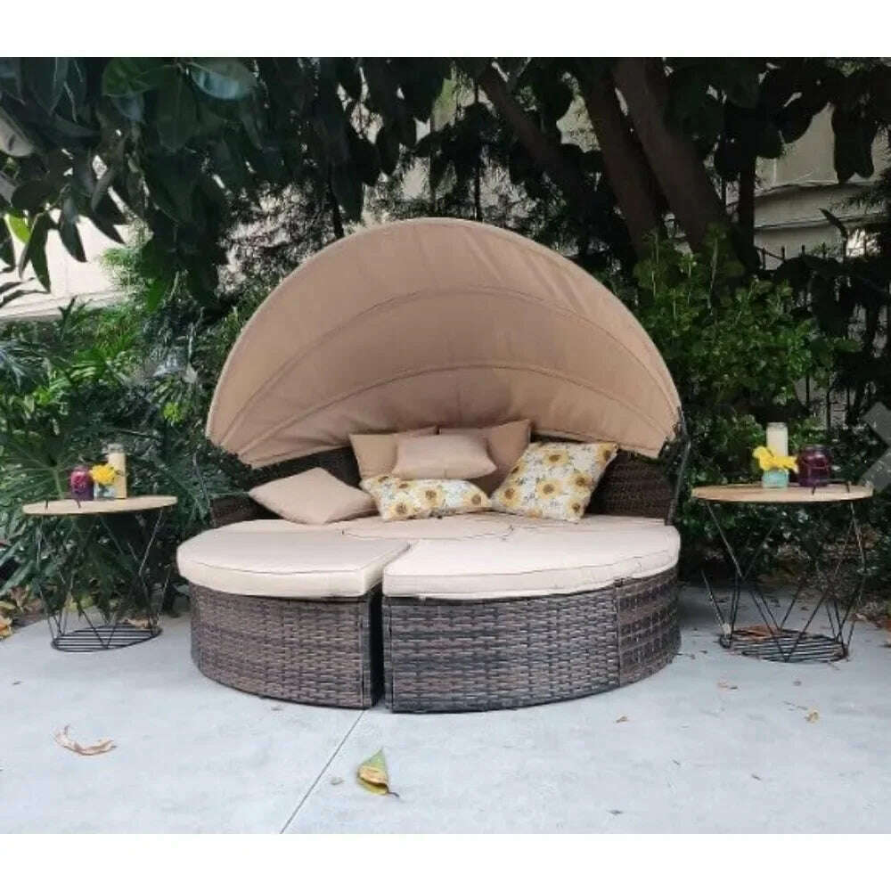 Outdoor Terrace Canopy Bed with Washable Soft Cushion, Clamshell Shaped Segmented Seats, Suitable for Backyard, Porch, (brown) - KIMLUD