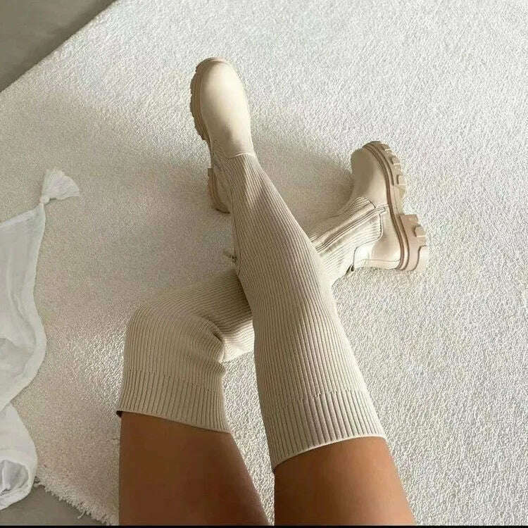 Over The Knee Women Boots Women's Thick Heel Slim Fit Winter Velvet Stretch Boots High Heels Large Size Suede Boots Botas Mujer - KIMLUD