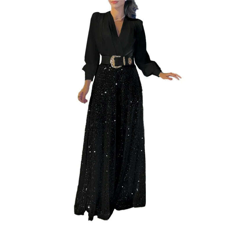 KIMLUD, Overalls for Women Shirt Long Sleeve Original High Quality Belt Included Fashion Elegant Sequins Evening Party Jumpsuit Rompers, KIMLUD Womens Clothes