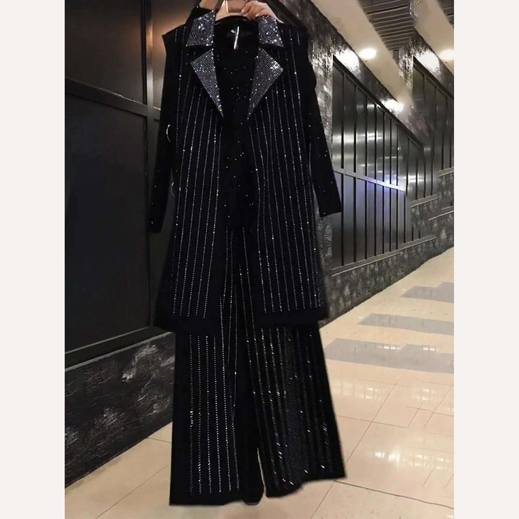 KIMLUD, Oversized 6XL Women Clothes Spring Autumn New Mid-Length Black Vest Wide Leg Pants Suit Fat Girls Heavy Diamond Three-Piece Sets, White diamond / XXXL, KIMLUD APPAREL - Womens Clothes