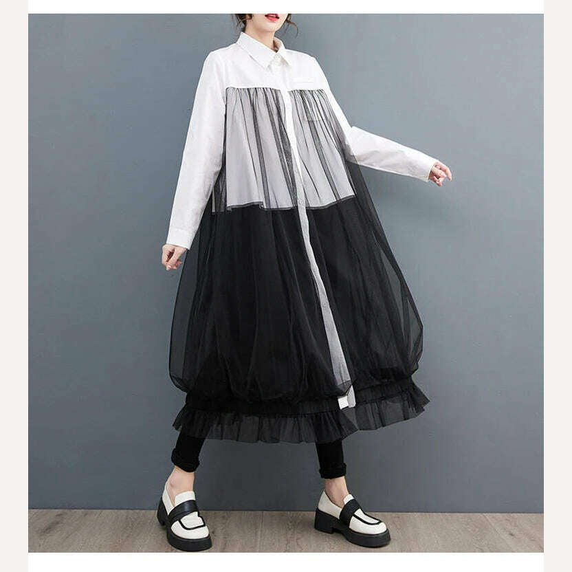 KIMLUD, Oversized Autumn Shirt Long Dress Women Mesh Patchwork Long Sleeve Ladies Dresses Fashion Casual Loose Dress Woman 2023, KIMLUD Womens Clothes