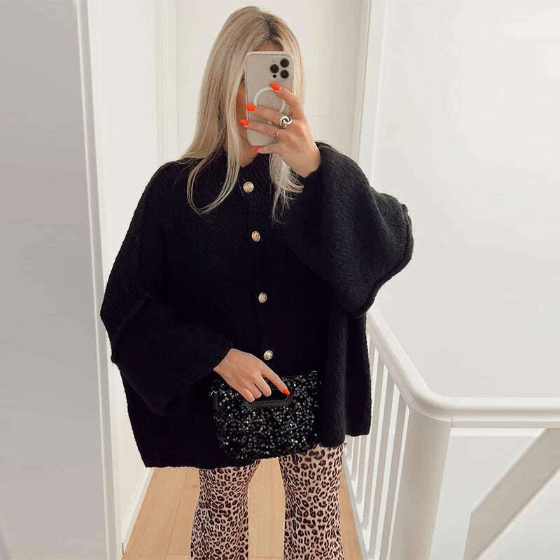 KIMLUD, Oversized Casual Cardigan Women Sweater Single Breasted O-neck Fashion 2024 Spring Office Female Sweaters All-match Top Coat, A black / S, KIMLUD APPAREL - Womens Clothes