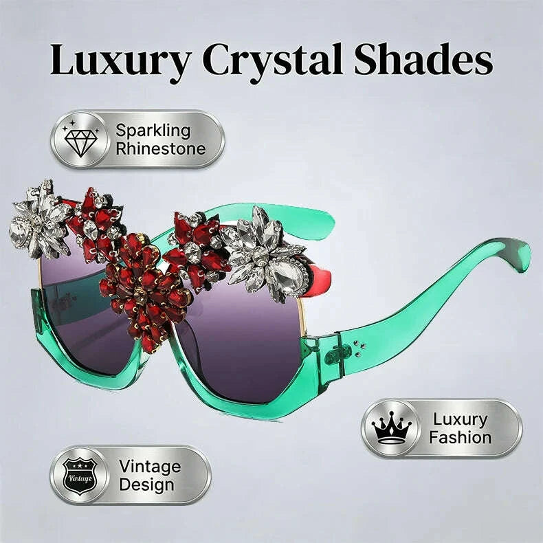 Oversized Floral Rhinestone Sunglasses Women Exaggerated Luxury Statement Eyewear for Retro Party Fashion Show V400