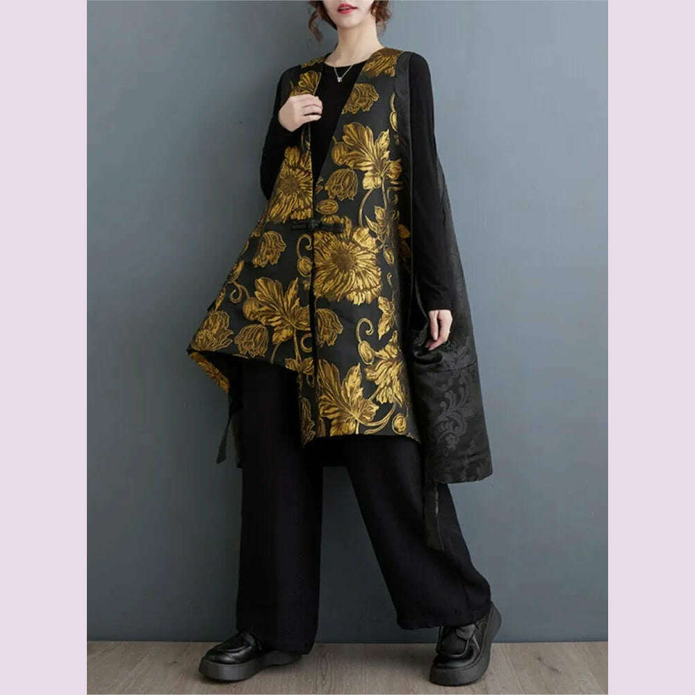 KIMLUD, Oversized Flower Embroidery Autumn Sleeveless Vests Coat Women Fashion Irregular Pleated Ladies Jackets V-Neck Woman Coats 2023, KIMLUD Womens Clothes