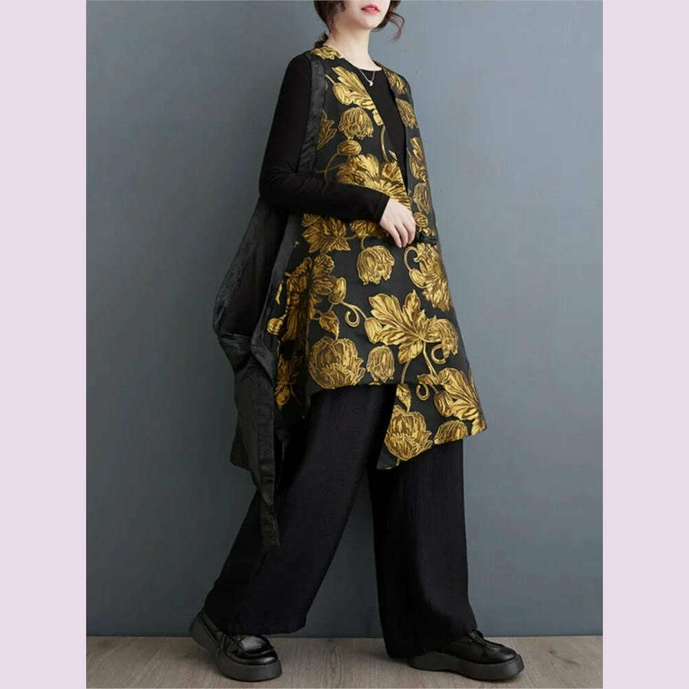 KIMLUD, Oversized Flower Embroidery Autumn Sleeveless Vests Coat Women Fashion Irregular Pleated Ladies Jackets V-Neck Woman Coats 2023, KIMLUD Womens Clothes