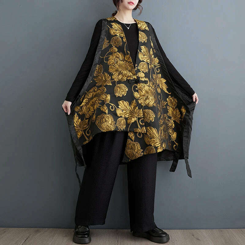 KIMLUD, Oversized Flower Embroidery Autumn Sleeveless Vests Coat Women Fashion Irregular Pleated Ladies Jackets V-Neck Woman Coats 2023, Print Coat / One Size, KIMLUD APPAREL - Womens Clothes
