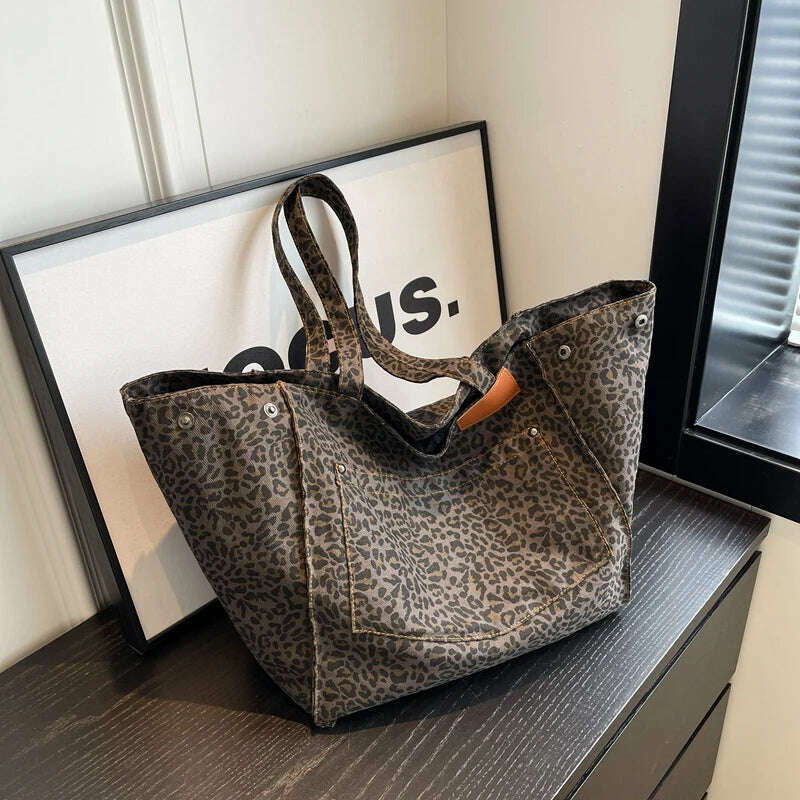 KIMLUD, Oversized Leopard Prints Shoulder Bags For Women Deformable Canvas Large Capacity Shopping Totes 2023 Winter New Luxury Handbags, KIMLUD Womens Clothes