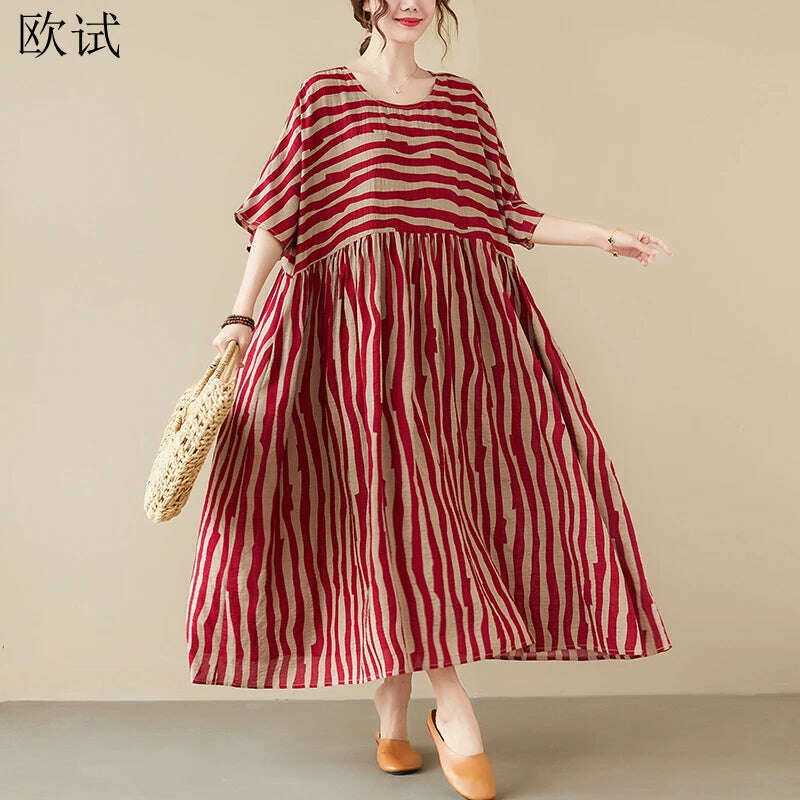 KIMLUD, Oversized Summer Vintage Stripped Korea Dress for Women New Fashion Ladies Dresses Long Mujer Femme Woman Beach Style Dress 2023, Red Dress / Suitable for L-5XL, KIMLUD APPAREL - Womens Clothes