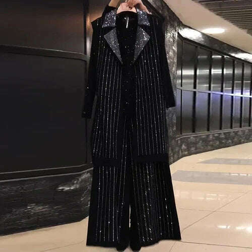 KIMLUD, Oversized Women's Clothing Autumn New Mid-Length Loose Sleeveless Vest Wide Leg Pants Streetwear Heavy Diamond 3pcs Suit Fashion, Black white diamonds / 6XL, KIMLUD APPAREL - Womens Clothes