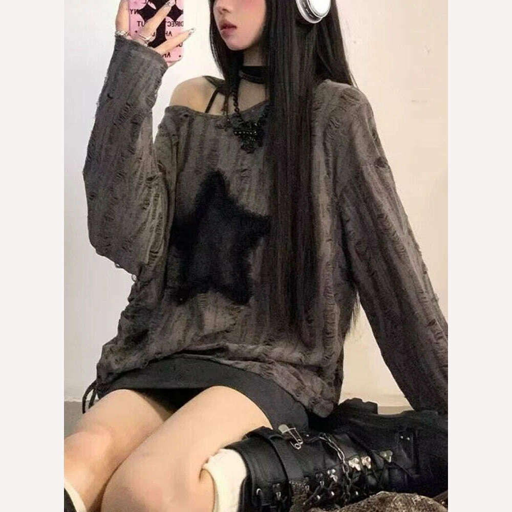 KIMLUD, Oversized Y2k Tops Women Vintage Harajuku Star Graphic Print Hole T-Shirts Female Autumn Fashion Off Shoulder Drawstring Tees, KIMLUD Womens Clothes