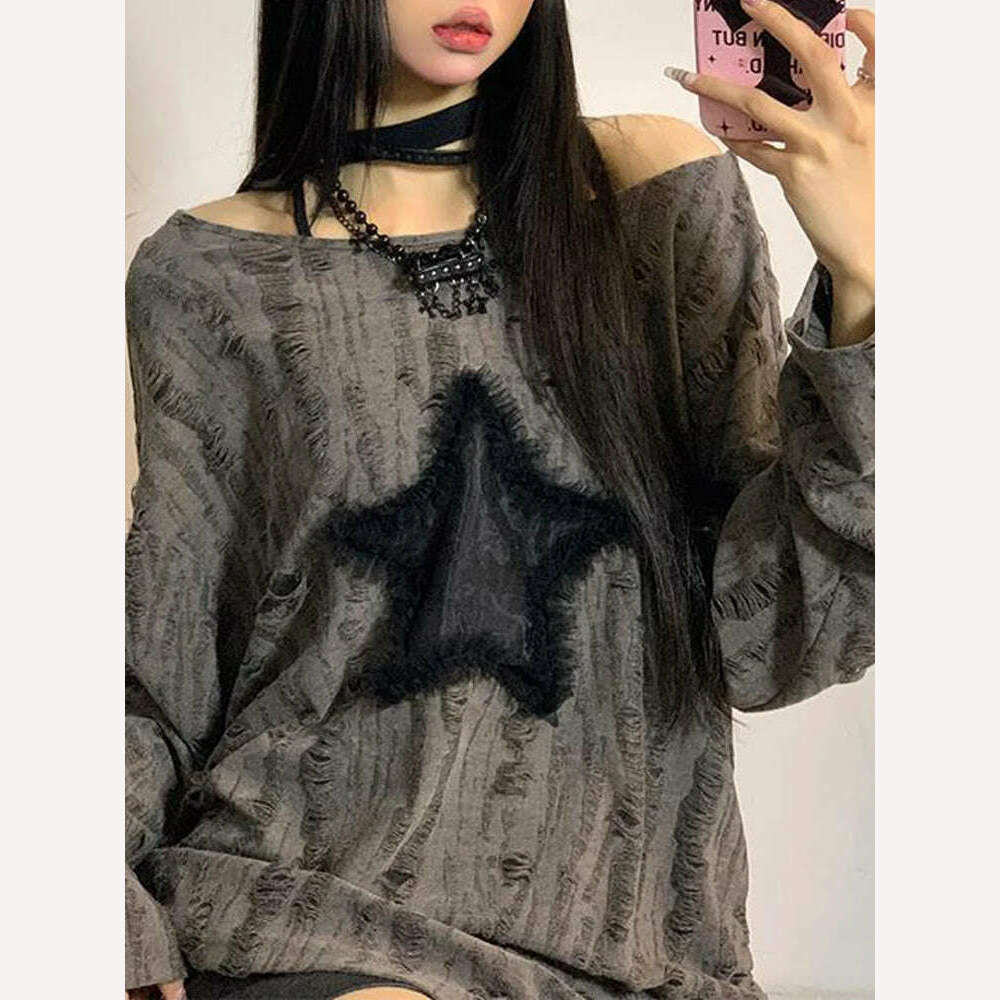 KIMLUD, Oversized Y2k Tops Women Vintage Harajuku Star Graphic Print Hole T-Shirts Female Autumn Fashion Off Shoulder Drawstring Tees, KIMLUD Womens Clothes