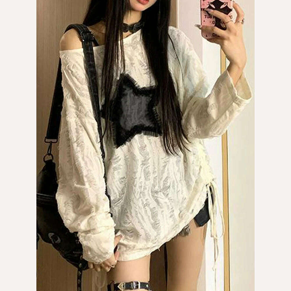 KIMLUD, Oversized Y2k Tops Women Vintage Harajuku Star Graphic Print Hole T-Shirts Female Autumn Fashion Off Shoulder Drawstring Tees, WHITE / S, KIMLUD APPAREL - Womens Clothes