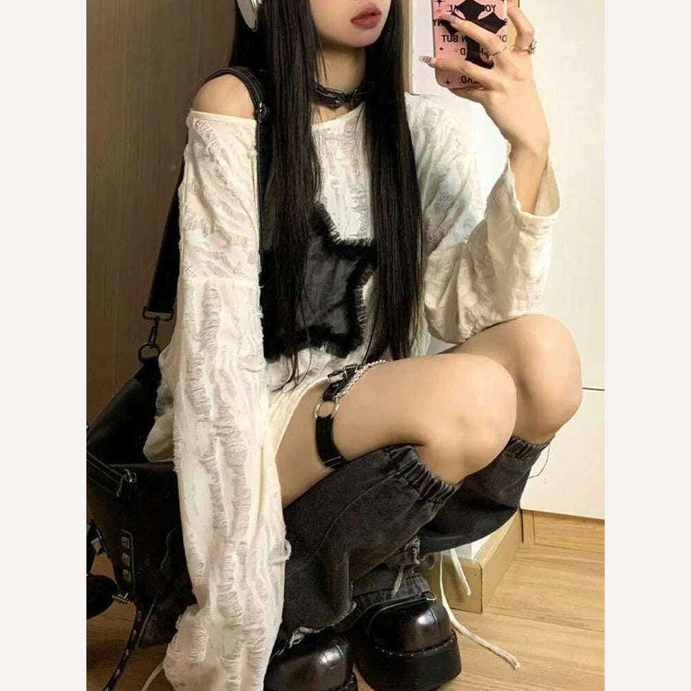 KIMLUD, Oversized Y2k Tops Women Vintage Harajuku Star Graphic Print Hole T-Shirts Female Autumn Fashion Off Shoulder Drawstring Tees, KIMLUD Womens Clothes