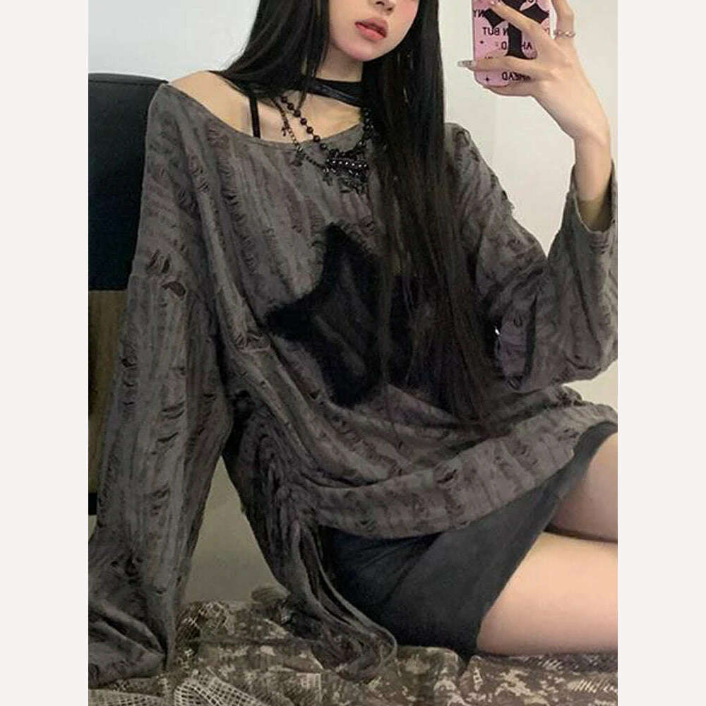 KIMLUD, Oversized Y2k Tops Women Vintage Harajuku Star Graphic Print Hole T-Shirts Female Autumn Fashion Off Shoulder Drawstring Tees, GRAY / S, KIMLUD APPAREL - Womens Clothes