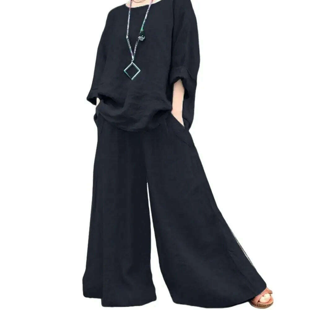 KIMLUD, pant sets Spring Suit Stylish Women's Cotton Linen Suit Set Long Sleeve Shirt Wide Leg Trousers for Spring Summer Autumn Casual, KIMLUD Womens Clothes