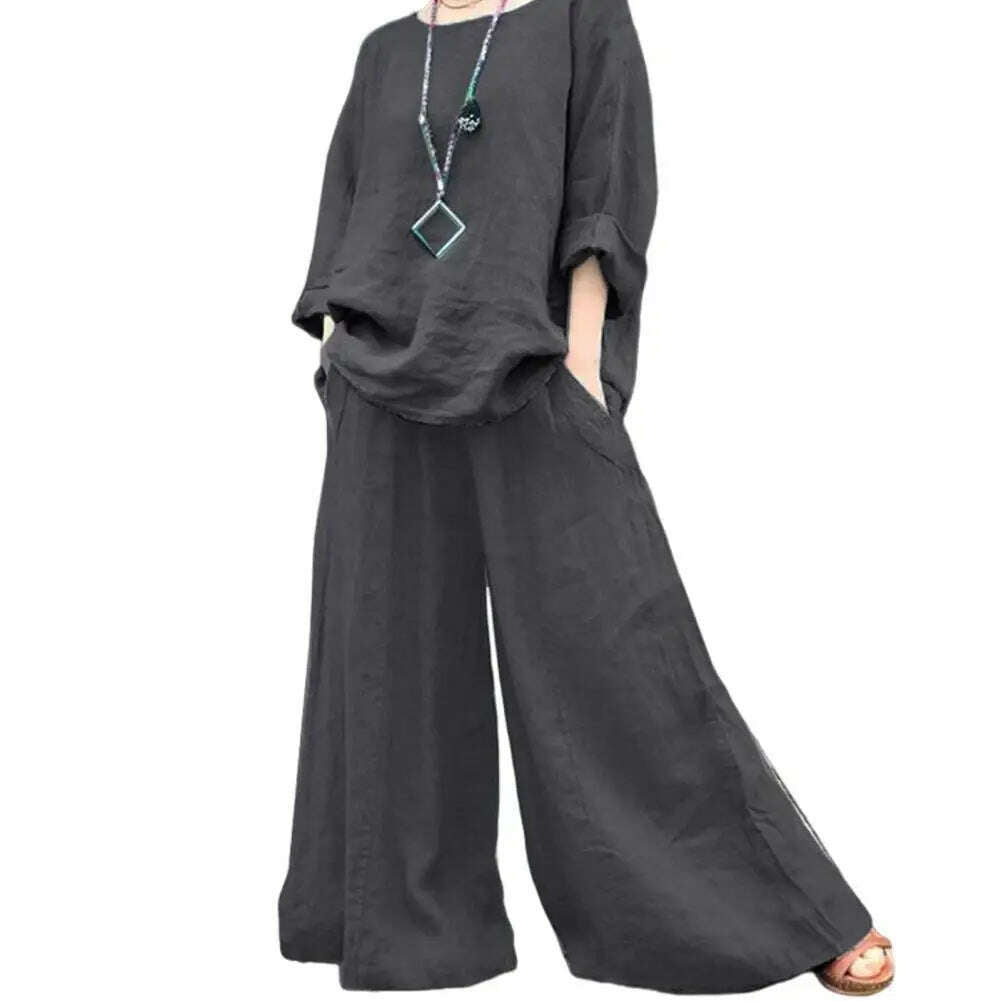 KIMLUD, pant sets Spring Suit Stylish Women's Cotton Linen Suit Set Long Sleeve Shirt Wide Leg Trousers for Spring Summer Autumn Casual, Dark Gray / M, KIMLUD APPAREL - Womens Clothes