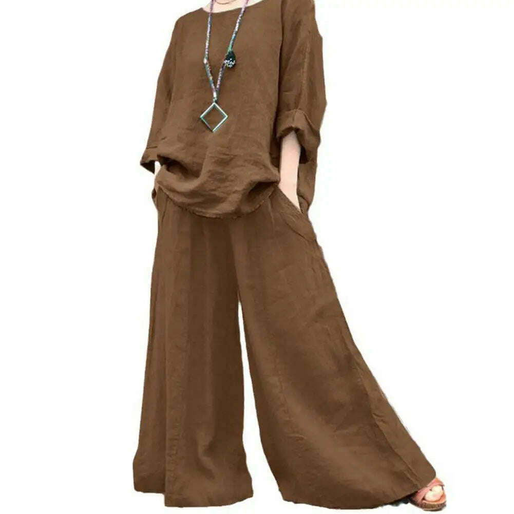 KIMLUD, pant sets Spring Suit Stylish Women's Cotton Linen Suit Set Long Sleeve Shirt Wide Leg Trousers for Spring Summer Autumn Casual, Brown / L, KIMLUD APPAREL - Womens Clothes