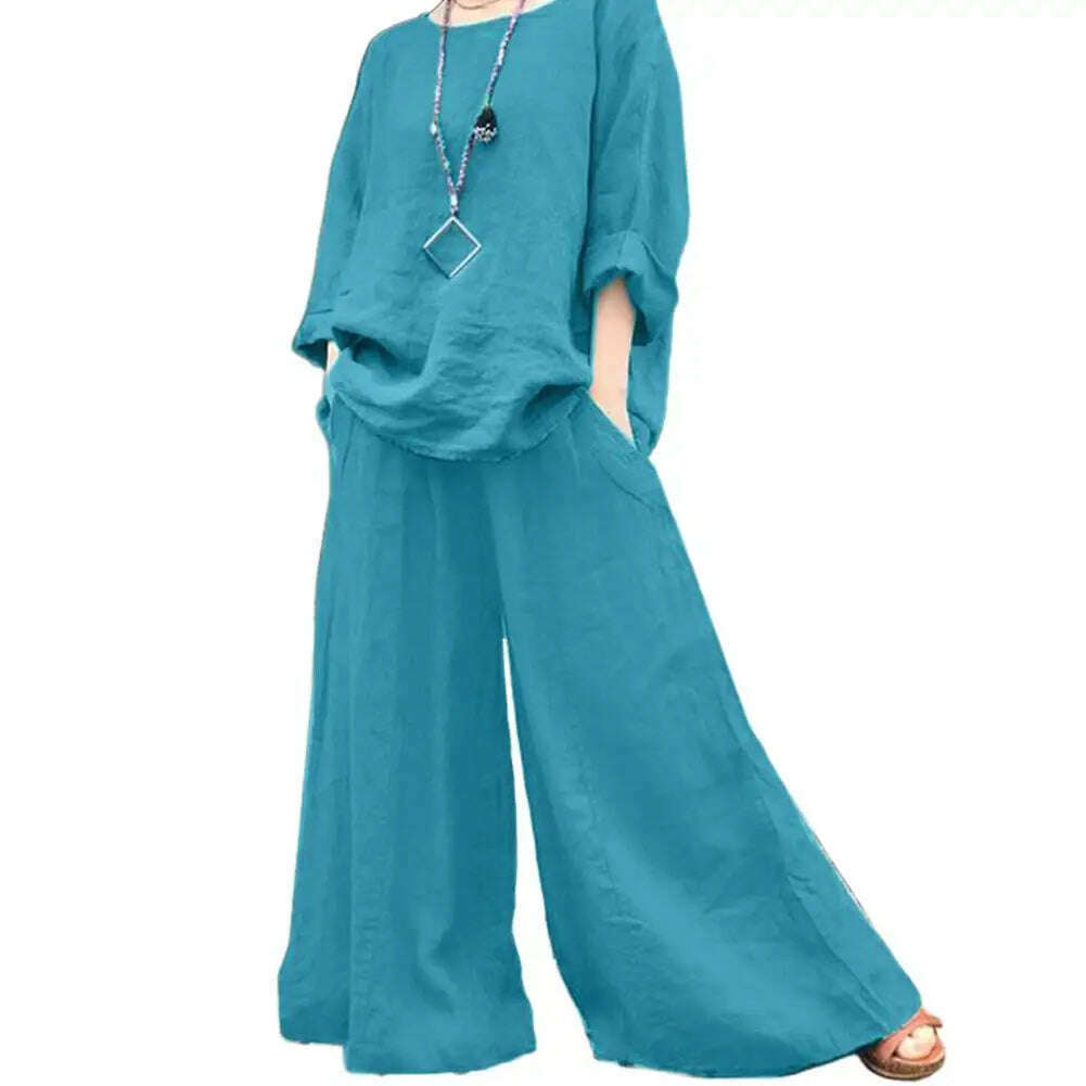 KIMLUD, pant sets Spring Suit Stylish Women's Cotton Linen Suit Set Long Sleeve Shirt Wide Leg Trousers for Spring Summer Autumn Casual, Lake Blue / 4XL, KIMLUD APPAREL - Womens Clothes