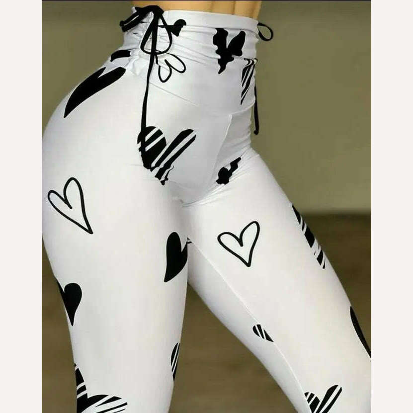 KIMLUD, Pants for Women 2023 Spring Fashion Heart Print Drawstring Scrunch High Waist Casual Sporty Skinny Long Leggings Active Pants, KIMLUD Womens Clothes