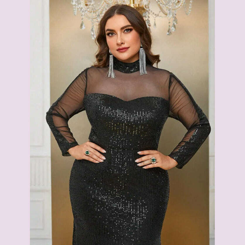 Party Dresses Plus Size Women Sequins Lace Splicing Black Elegant Evening Dresses Long Sleeve Large Fashion Lady Banquet Dress - KIMLUD