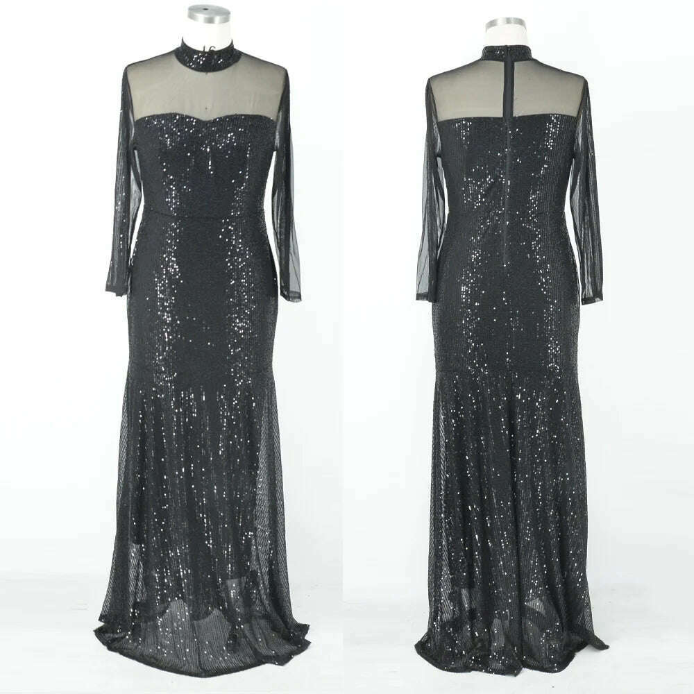 Party Dresses Plus Size Women Sequins Lace Splicing Black Elegant Evening Dresses Long Sleeve Large Fashion Lady Banquet Dress - KIMLUD