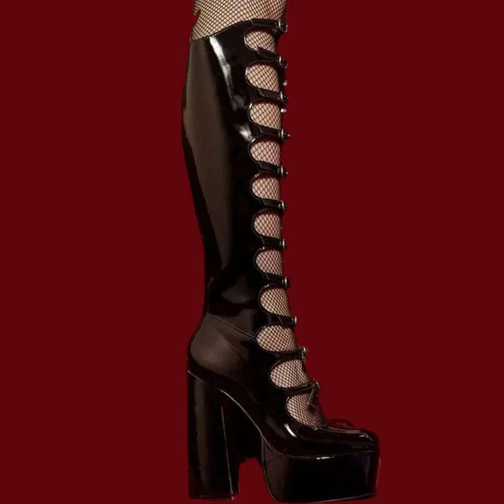 KIMLUD, Patent Leather Buckles Design Hollow Boots For Female Women 2022 Platform Sqaure Heel Knee-high Solid Fashion Sexy Party Shoes, KIMLUD Womens Clothes