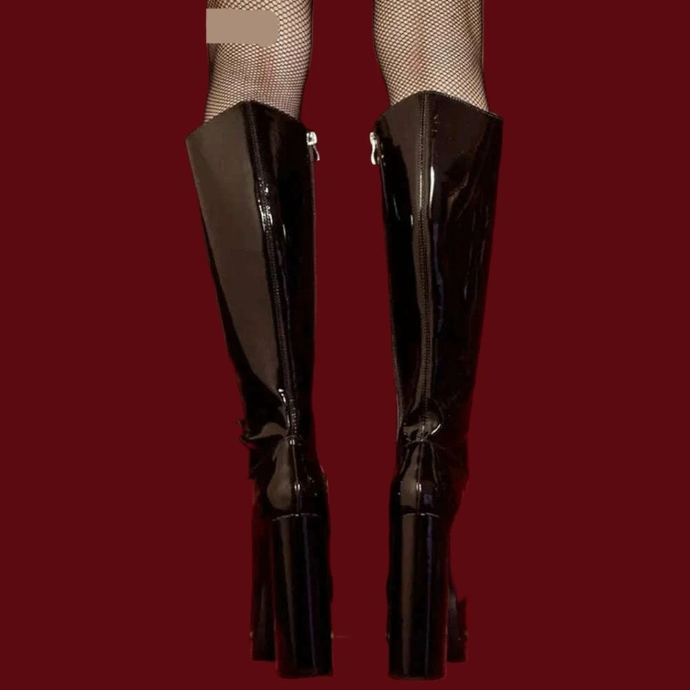 KIMLUD, Patent Leather Buckles Design Hollow Boots For Female Women 2022 Platform Sqaure Heel Knee-high Solid Fashion Sexy Party Shoes, KIMLUD Womens Clothes