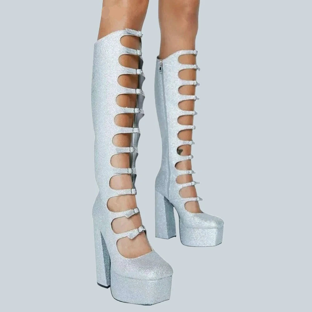 KIMLUD, Patent Leather Buckles Design Hollow Boots For Female Women 2022 Platform Sqaure Heel Knee-high Solid Fashion Sexy Party Shoes, KIMLUD Womens Clothes