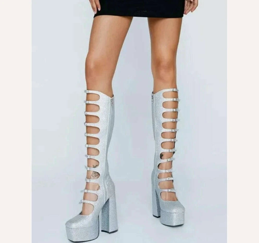 KIMLUD, Patent Leather Buckles Design Hollow Boots For Female Women 2022 Platform Sqaure Heel Knee-high Solid Fashion Sexy Party Shoes, KIMLUD Womens Clothes