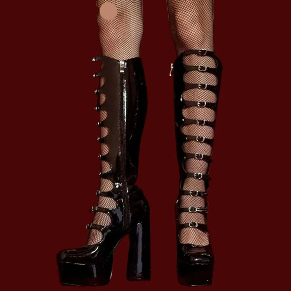 KIMLUD, Patent Leather Buckles Design Hollow Boots For Female Women 2022 Platform Sqaure Heel Knee-high Solid Fashion Sexy Party Shoes, KIMLUD Womens Clothes