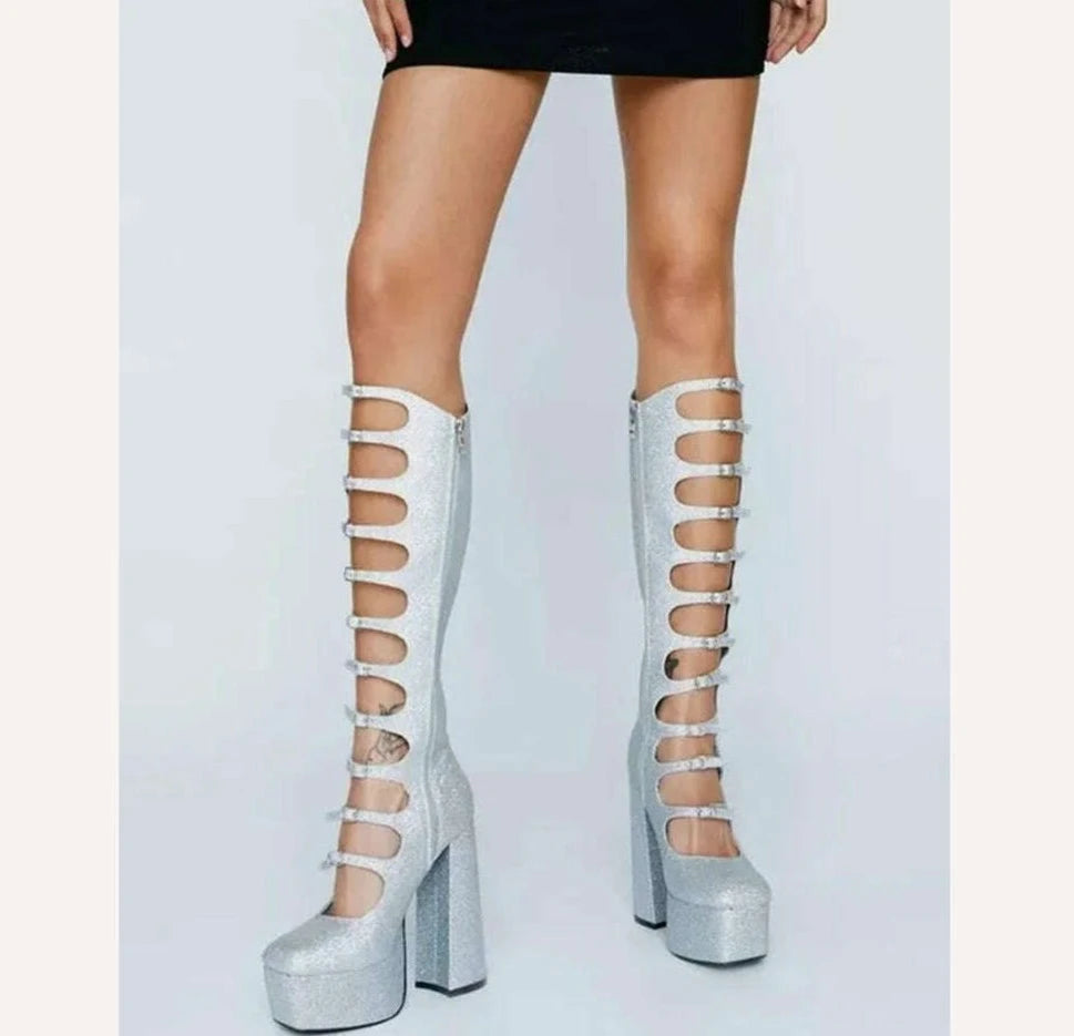 KIMLUD, Patent Leather Buckles Design Hollow Boots For Female Women 2022 Platform Sqaure Heel Knee-high Solid Fashion Sexy Party Shoes, KIMLUD Womens Clothes