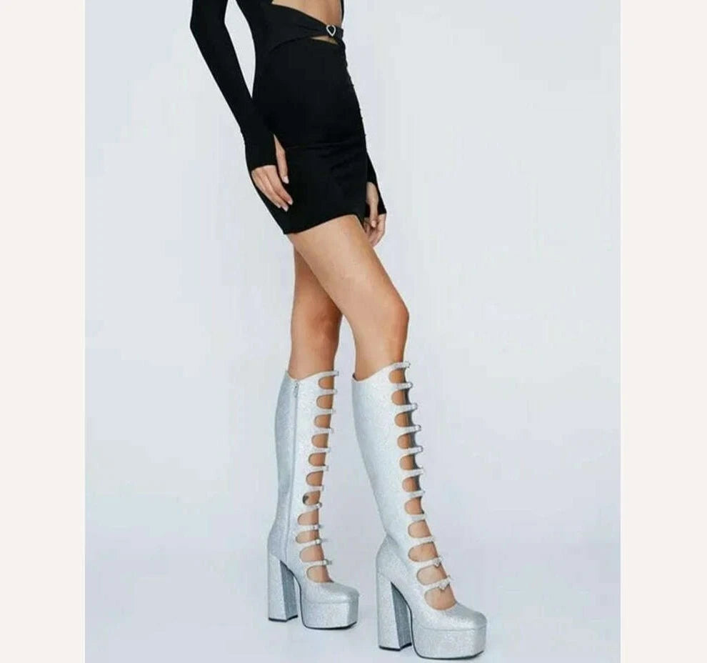 KIMLUD, Patent Leather Buckles Design Hollow Boots For Female Women 2022 Platform Sqaure Heel Knee-high Solid Fashion Sexy Party Shoes, KIMLUD Womens Clothes