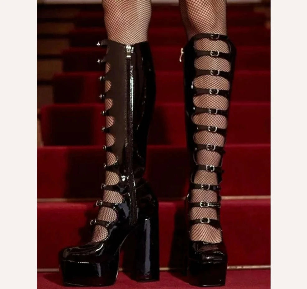 KIMLUD, Patent Leather Buckles Design Hollow Boots For Female Women 2022 Platform Sqaure Heel Knee-high Solid Fashion Sexy Party Shoes, KIMLUD Womens ClothesKIMLUD, Patent Leather Buckles Design Hollow Boots For Female Women 2022 Platform Sqaure Heel Knee-high Solid Fashion Sexy Party Shoes, as picture2 / 35 / China, KIMLUD APPAREL - Womens Clothes