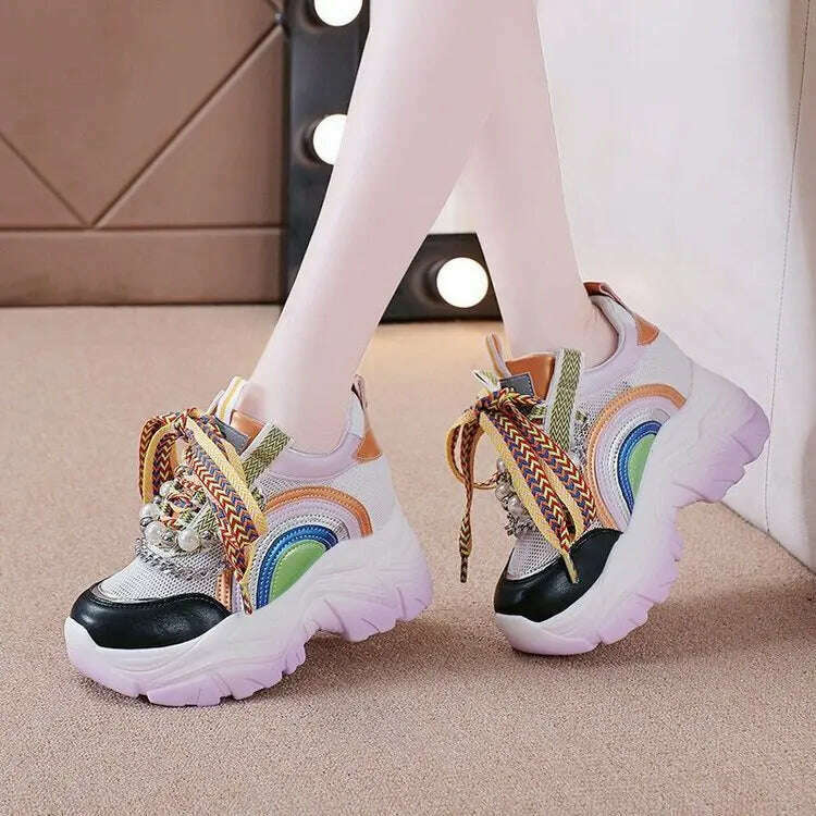 KIMLUD, Patent Leather Ladies Casual Shoes Fashion String Bead Chain Girls Chunky Sneakers 8.5cm Heel Thick Sole Women&#39;s Platform Shoes, KIMLUD Womens Clothes