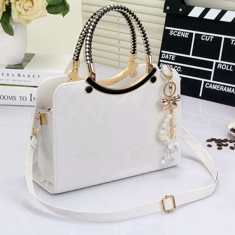 KIMLUD, Patent leather lattice Pearl pendant women's handbags European and American fashion designer shoulder bags hard women bag, KIMLUD Womens Clothes