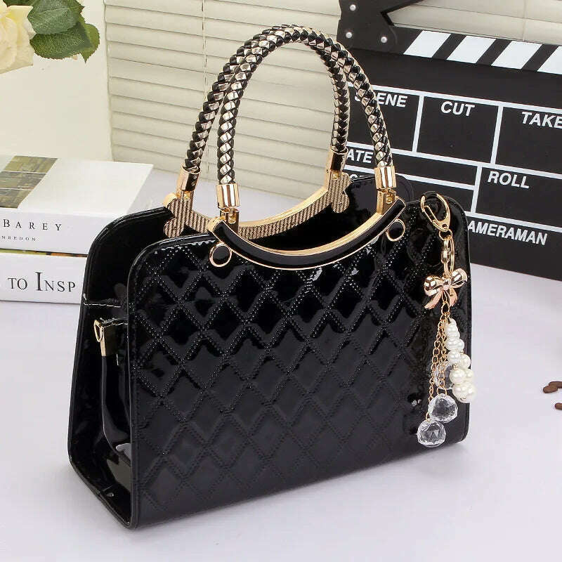 KIMLUD, Patent leather lattice Pearl pendant women's handbags European and American fashion designer shoulder bags hard women bag, KIMLUD Womens Clothes