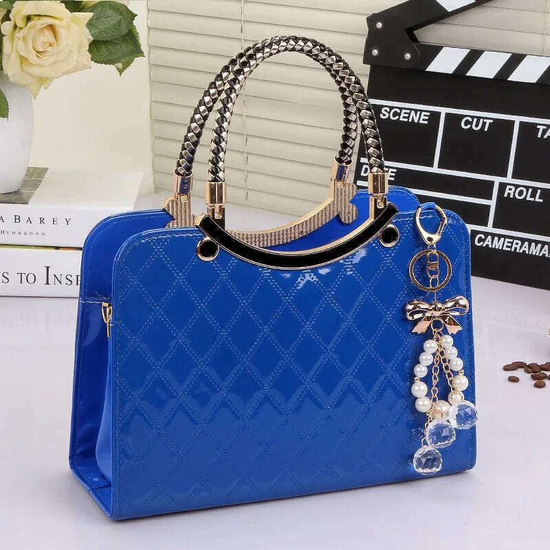 KIMLUD, Patent leather lattice Pearl pendant women's handbags European and American fashion designer shoulder bags hard women bag, blue, KIMLUD Womens Clothes