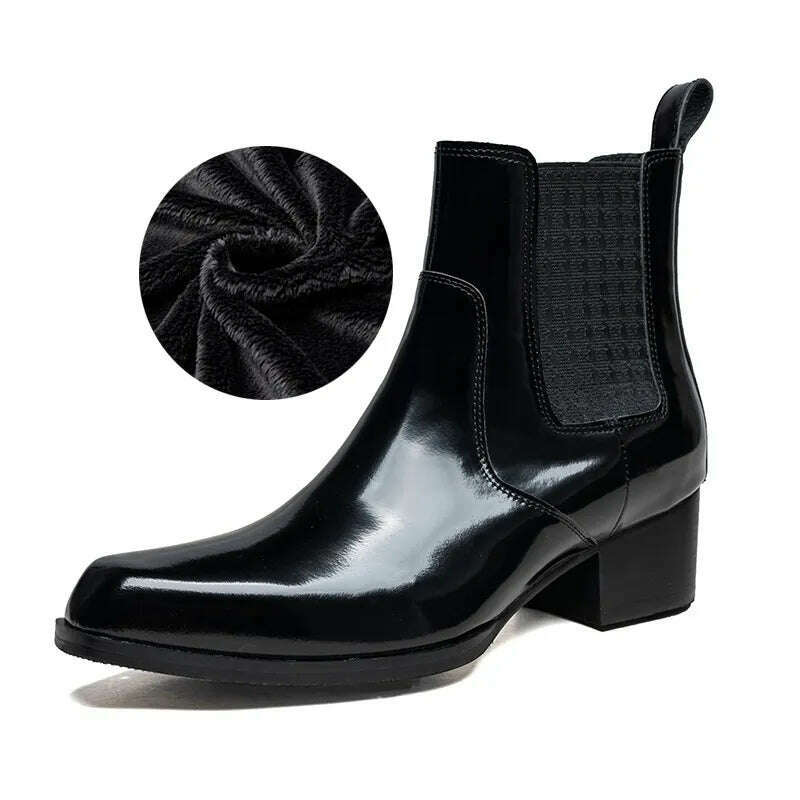 Patent Leather Mens Boots with Heels Luxury Genuine Leather 2023 Winter Quality Warm Slip on Ankle Shoes for Male 5 Cm Height - KIMLUD