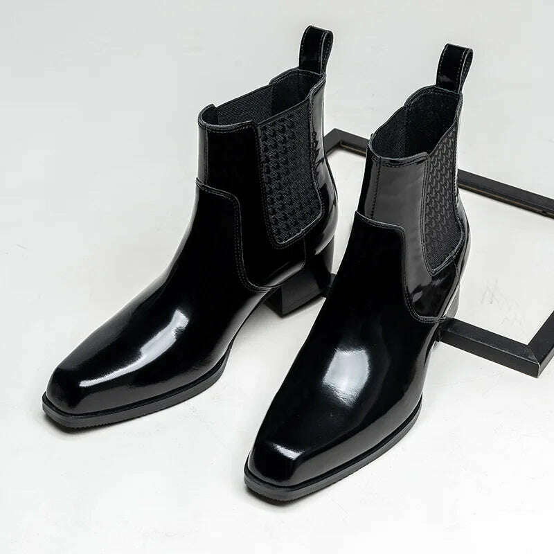 Patent Leather Mens Boots with Heels Luxury Genuine Leather 2023 Winter Quality Warm Slip on Ankle Shoes for Male 5 Cm Height - KIMLUD