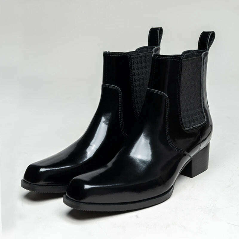 Patent Leather Mens Boots with Heels Luxury Genuine Leather 2023 Winter Quality Warm Slip on Ankle Shoes for Male 5 Cm Height - KIMLUD