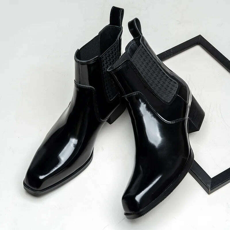 Patent Leather Mens Boots with Heels Luxury Genuine Leather 2023 Winter Quality Warm Slip on Ankle Shoes for Male 5 Cm Height - KIMLUD