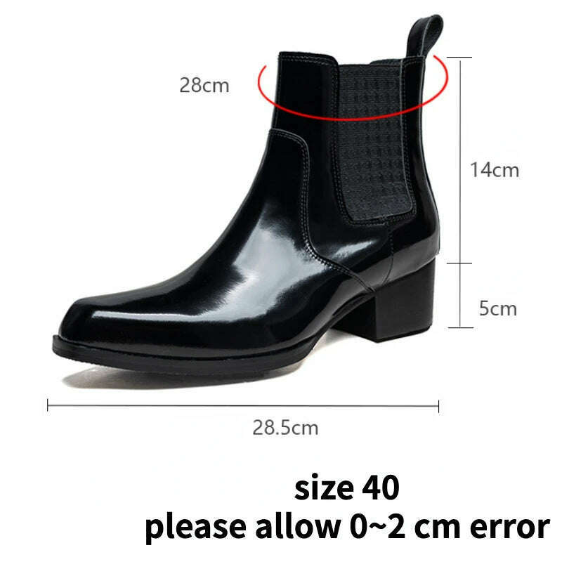 Patent Leather Mens Boots with Heels Luxury Genuine Leather 2023 Winter Quality Warm Slip on Ankle Shoes for Male 5 Cm Height - KIMLUD
