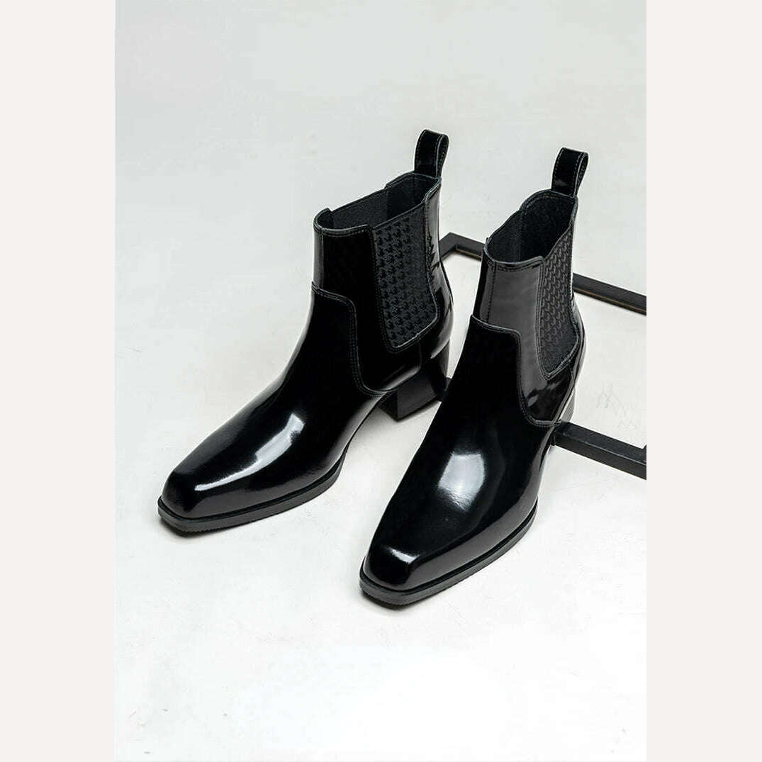 Patent Leather Mens Boots with Heels Luxury Genuine Leather 2023 Winter Quality Warm Slip on Ankle Shoes for Male 5 Cm Height - KIMLUD