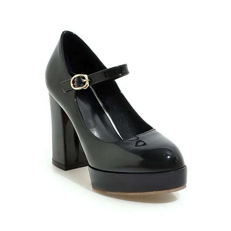 KIMLUD, Patent Leather Solid Color Super High Heels Buckle Strap Sandals Office Lady Style Round Toe Chunky Platform Women Outdoor Pumps, black / 34 / CHINA, KIMLUD APPAREL - Womens Clothes