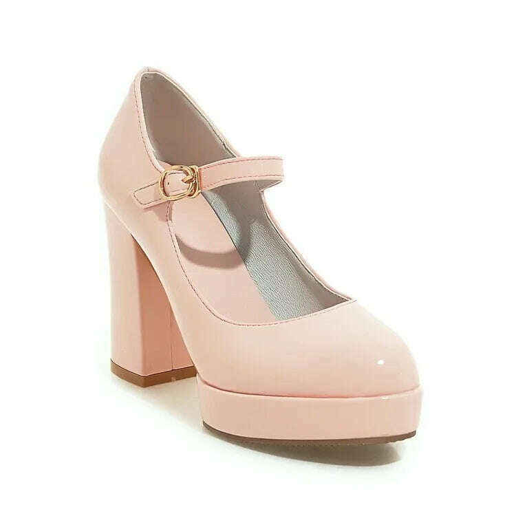 KIMLUD, Patent Leather Solid Color Super High Heels Buckle Strap Sandals Office Lady Style Round Toe Chunky Platform Women Outdoor Pumps, Pink / 34 / CHINA, KIMLUD APPAREL - Womens Clothes