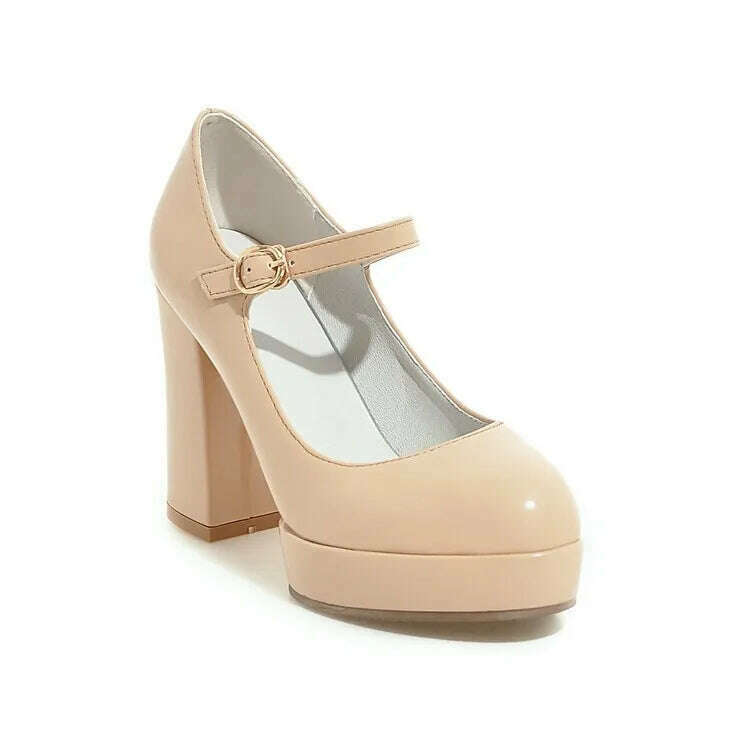 KIMLUD, Patent Leather Solid Color Super High Heels Buckle Strap Sandals Office Lady Style Round Toe Chunky Platform Women Outdoor Pumps, apricot / 34 / CHINA, KIMLUD APPAREL - Womens Clothes