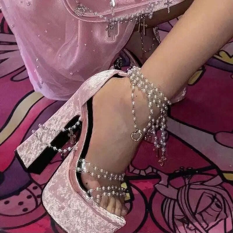 Pearl Beaded Platform Chunky Sandal Solid Velvet Bling Beads Tassels Hollow High Heel Sandals Luxury Peep-Toe Sexy Shoes Summer - KIMLUD