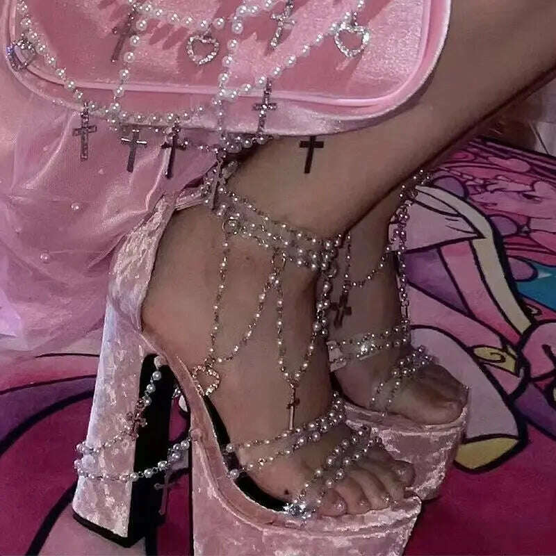Pearl Beaded Platform Chunky Sandal Solid Velvet Bling Beads Tassels Hollow High Heel Sandals Luxury Peep-Toe Sexy Shoes Summer - KIMLUD
